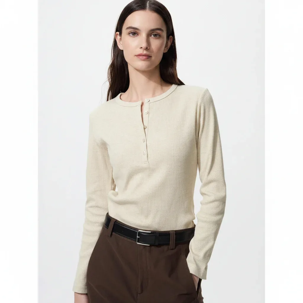UniQlo Ribbed Henley Neck T-Shirt / Long Sleeve 487908 Japan best brand