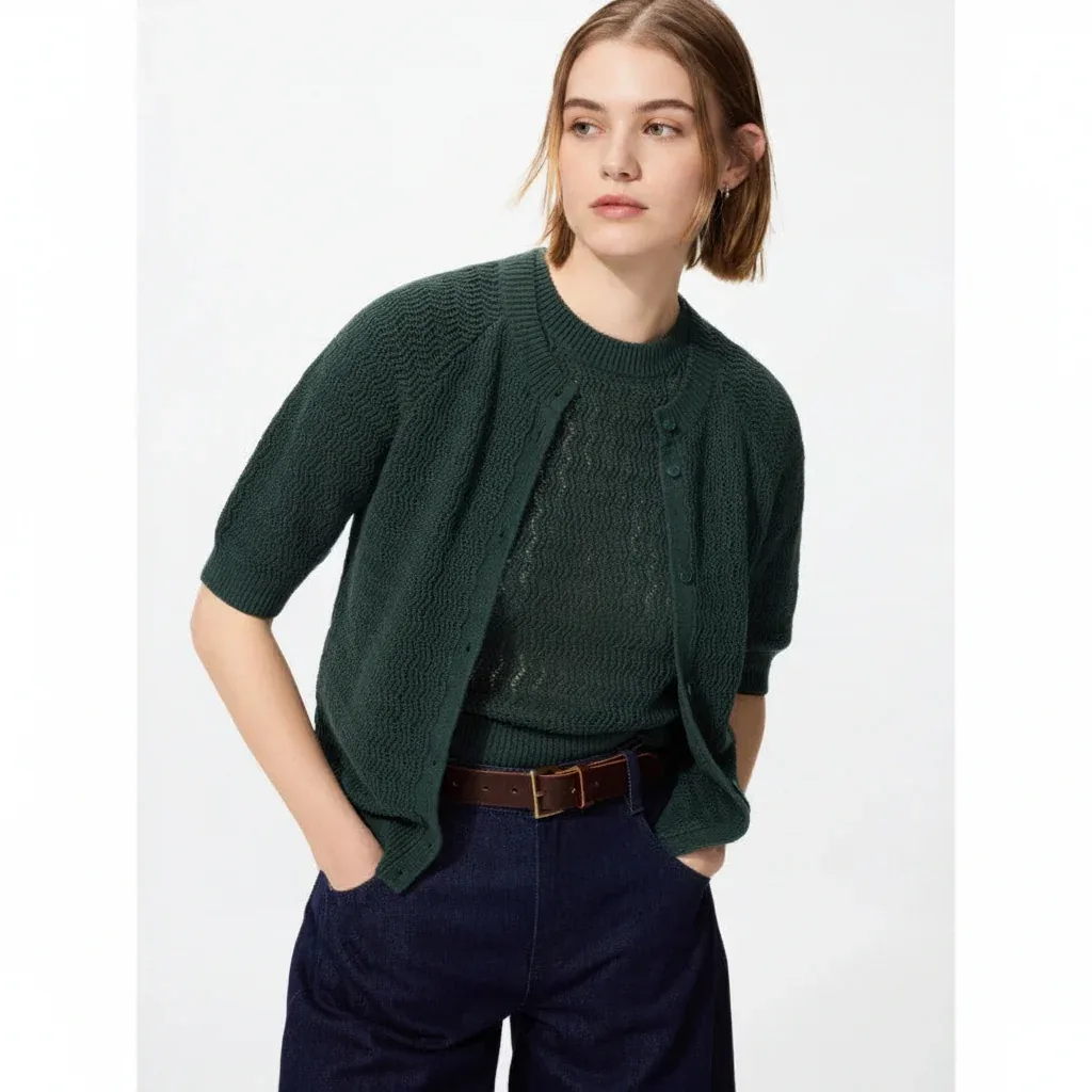 UniQlo Linen Crew Neck Cardigan / 5-Sleeve 487355 Japan best brand