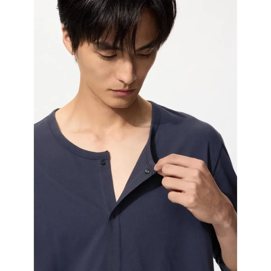 UniQlo AIRism Front-Opening Crew Neck T-Shirt (3/4 Sleeves) 482643 Japan best brand