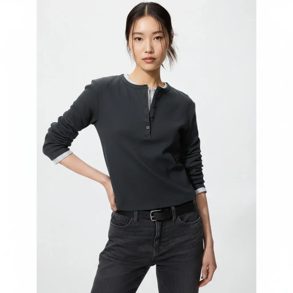 UniQlo Ribbed Henley Neck T-Shirt / Long Sleeve 487908 Japan best brand