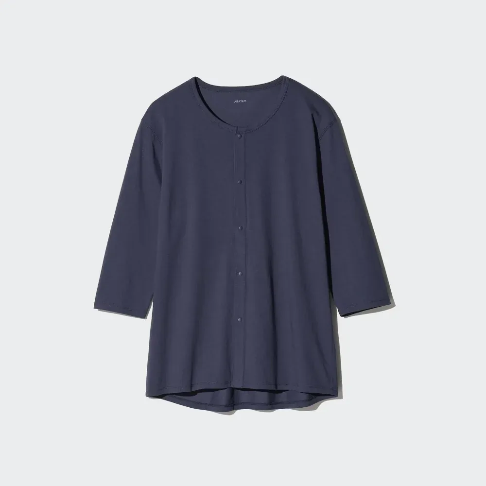 UniQlo AIRism Front-Opening Crew Neck T-Shirt (3/4 Sleeves) 482643 Japan best brand