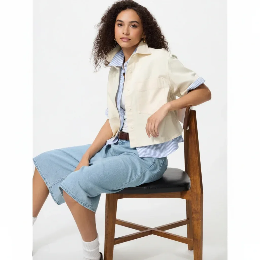 UniQlo Denim Boxy Shirt / 5-Sleeve 483877 Japan best brand