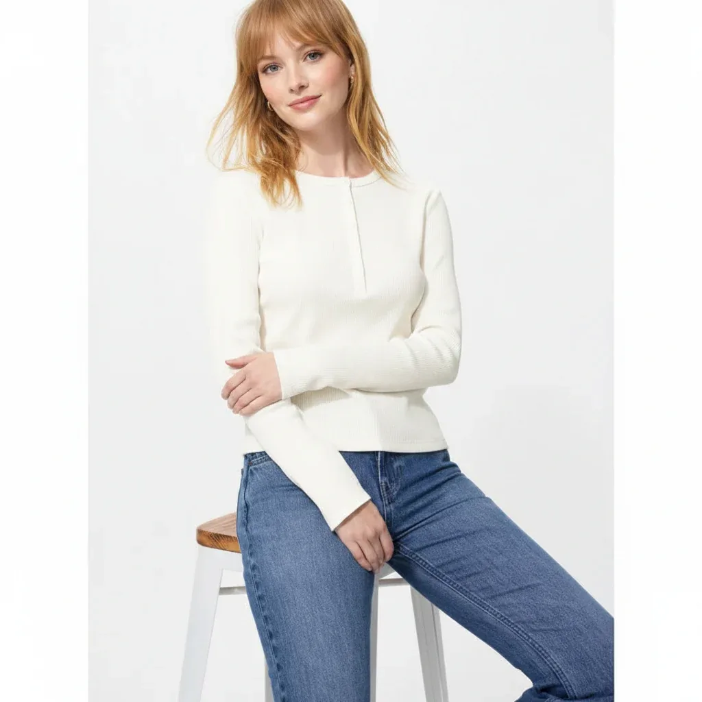 UniQlo Ribbed Henley Neck T-Shirt / Long Sleeve 487908 Japan best brand