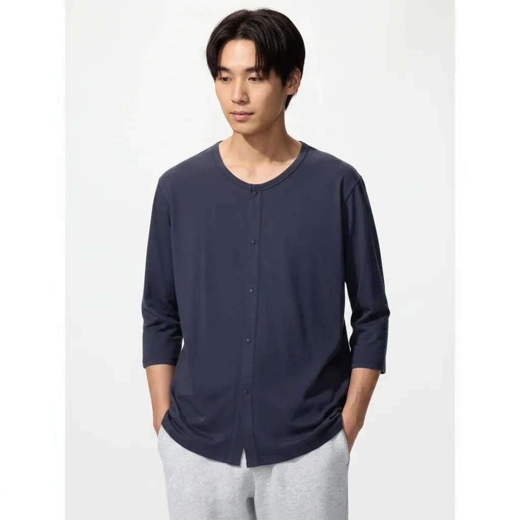 UniQlo AIRism Front-Opening Crew Neck T-Shirt (3/4 Sleeves) 482643 Japan best brand