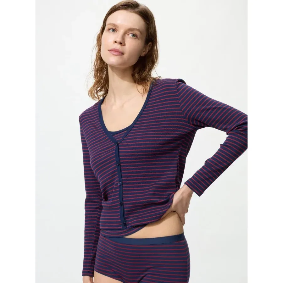UniQlo Ribbed V-Neck Cardigan (Striped) 489398 Japan best brand