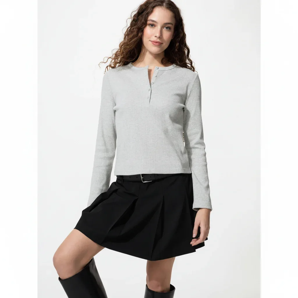 UniQlo Ribbed Henley Neck T-Shirt / Long Sleeve 487908 Japan best brand